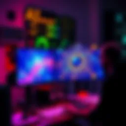 A digital artist working on a computer with AI-generated art displayed on the screen, showcasing vibrant colors and designs.