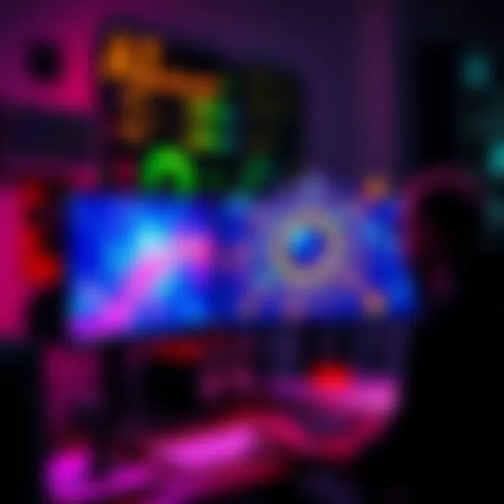 A digital artist working on a computer with AI-generated art displayed on the screen, showcasing vibrant colors and designs.