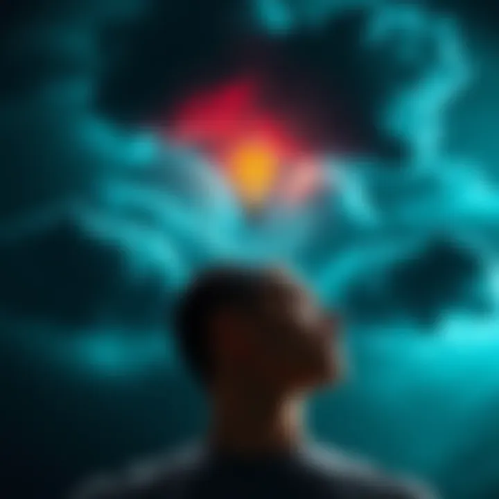A person contemplating the potential dangers of AI, surrounded by dark clouds symbolizing fear, with a light bulb representing ideas above their head.