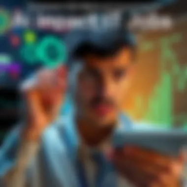 A worried businessman examining a graph showing a decline in IT job value alongside AI technology visuals