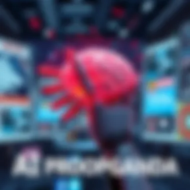 A digital illustration showing a robotic hand interacting with a brain, symbolizing the use of AI in propaganda. Background features news headlines and social media icons to depict media influence.