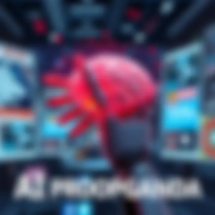 A digital illustration showing a robotic hand interacting with a brain, symbolizing the use of AI in propaganda. Background features news headlines and social media icons to depict media influence.
