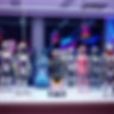 A lineup of various AI pleasure-bots showcasing different designs and features in a modern showroom setting.