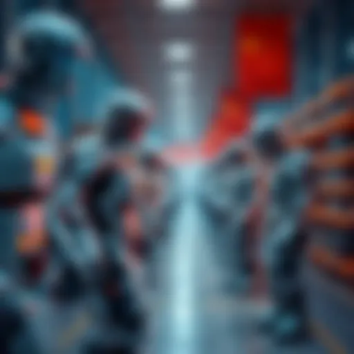 A fleet of AI robots working on maintenance tasks in a large facility, showcasing their integration into the workforce.