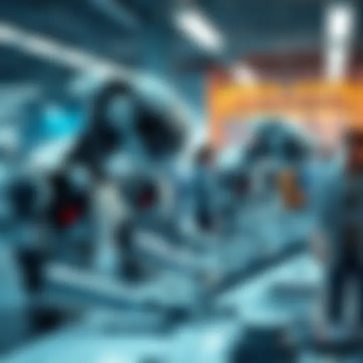 A scene showing AI robots performing tasks in an office while people observe and interact with them.