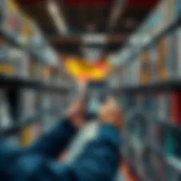 A person using a smartphone to scan DVD titles in a thrift store aisle filled with DVDs