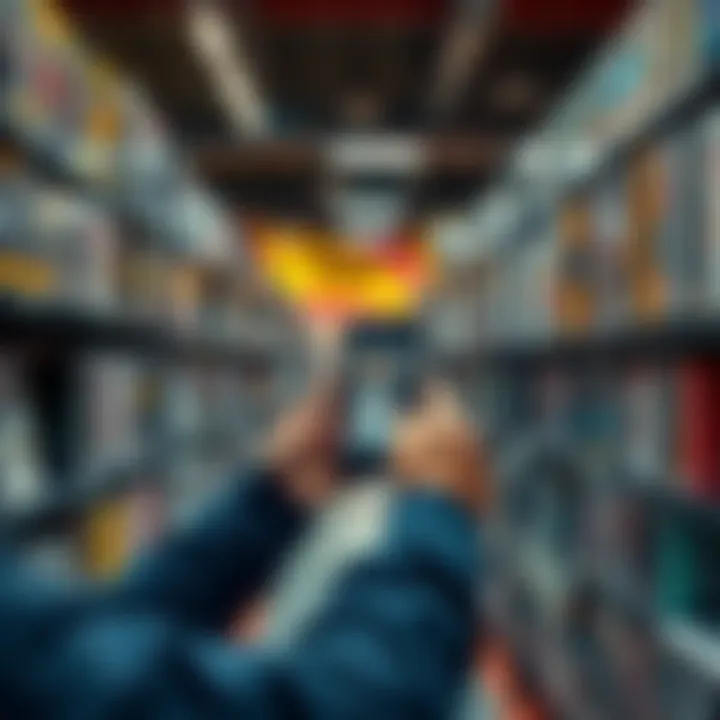 A person using a smartphone to scan DVD titles in a thrift store aisle filled with DVDs