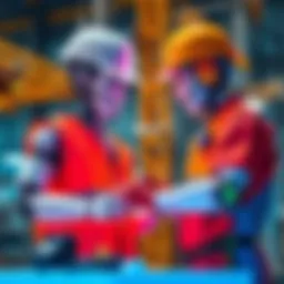 A construction worker and a robot collaborating on a building site, showcasing the partnership between technology and skilled labor.