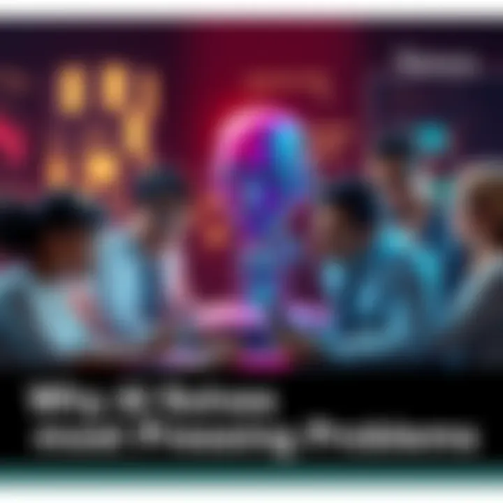 A group of diverse people collaborating with AI tools to tackle global issues in various sectors.