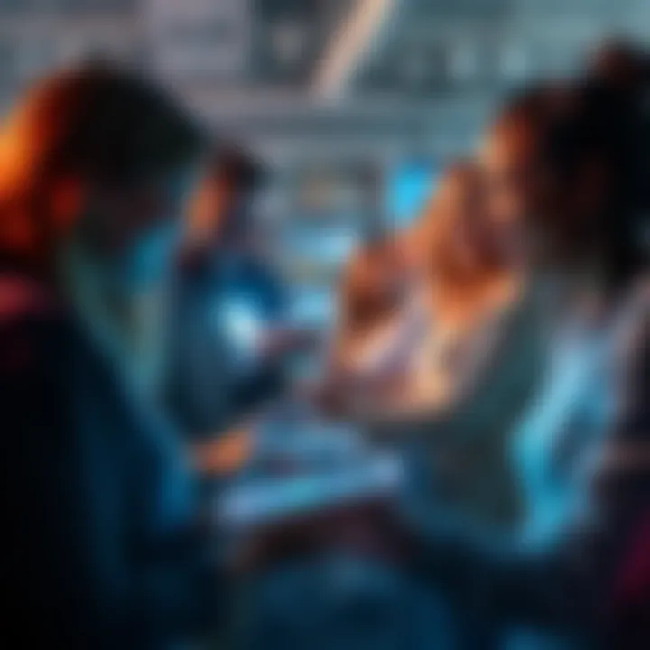 A diverse group of people using AI devices to communicate, showcasing smiles and engagement