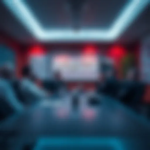 A worried group of experts discussing the potential dangers of AI in a boardroom setting, with charts and data on the wall.