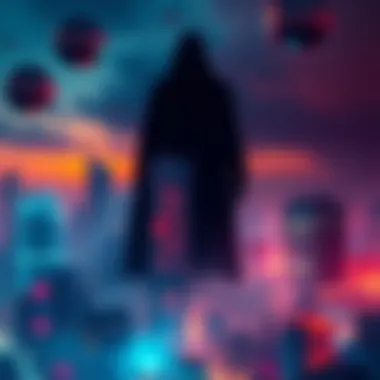 A shadowy figure representing artificial intelligence looms over a city, symbolizing privacy concerns and job threats.