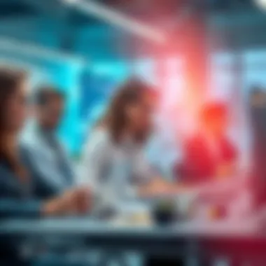 A group of professionals in an office setting, using AI tools on laptops to enhance their work efficiency.