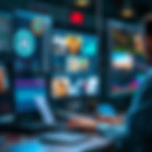 A person working on a computer with AI tools for coding and discussions displayed on the screen, while creative images are shown in the background.