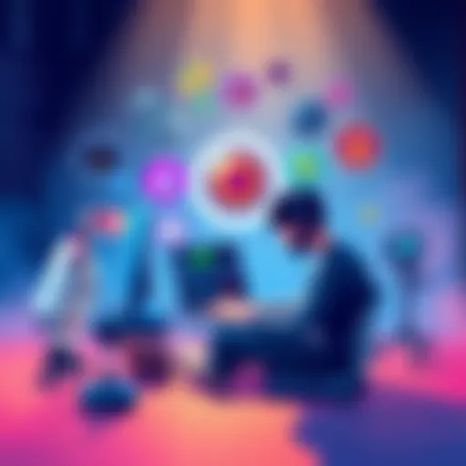 An illustration showing various AI coding tools with a developer working on a laptop