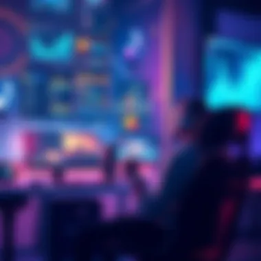 A person sitting at a computer, working with AI software for music and video creation, showcasing a vibrant digital workspace.