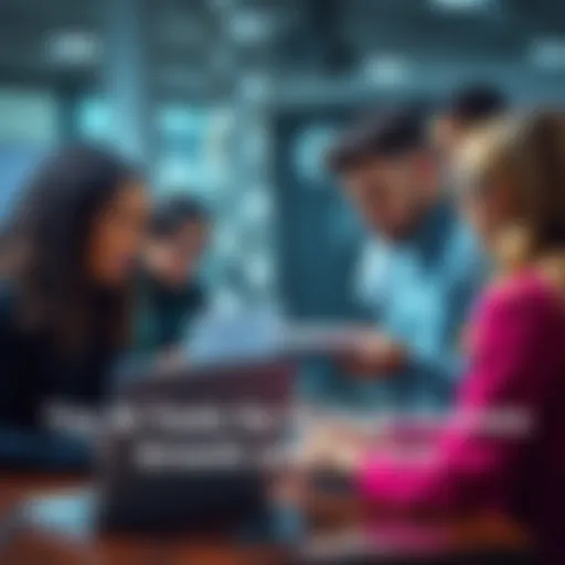 A group of diverse people discussing AI tools for small business growth with laptops and notepads