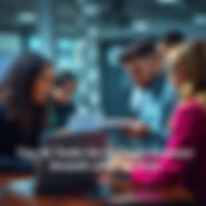 A group of diverse people discussing AI tools for small business growth with laptops and notepads