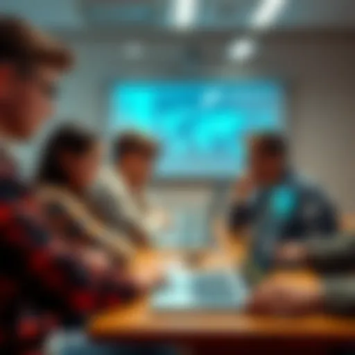 A group of high school and college students using laptops with AI tools for research and assignments in a classroom setting.