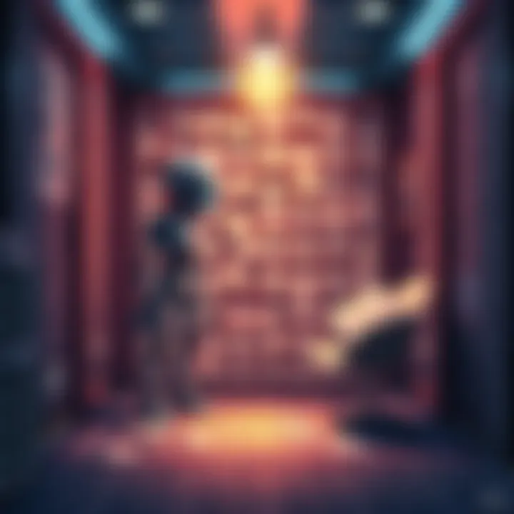 Illustration showing a robot with gears and lightbulb, representing AI understanding, next to a room filled with papers symbolizing the Chinese Room Theory.