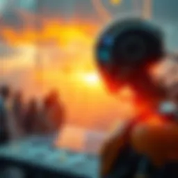 A futuristic AI observing humans from a distance, analyzing interactions and the environment, with a backdrop of nature and technology blending together.