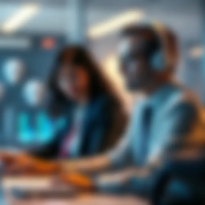 A loan officer speaking on the phone with an AI voice agent assisting in the background