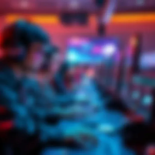 A group of diverse gamers working on computers, creating games using an AI-powered 3D game engine, showcasing creativity and collaboration.