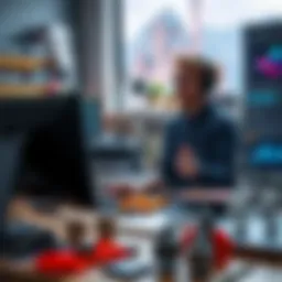 A digital artist working on a 3D model using AI tools, showing a mix of excitement and concern. The workspace is filled with design software and 3D prints.