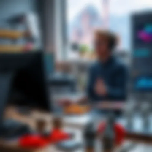 A digital artist working on a 3D model using AI tools, showing a mix of excitement and concern. The workspace is filled with design software and 3D prints.