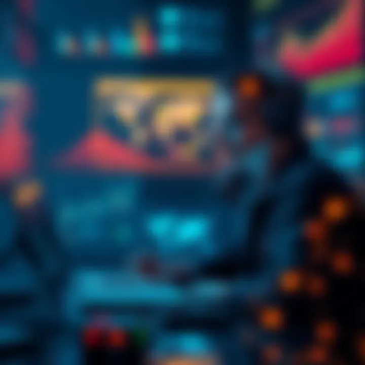 A digital representation of a person analyzing research papers with AI tools, surrounded by technology and data charts