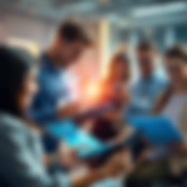 A diverse group of people using technology tools like tablets and smart devices to access information, showcasing various accessibility features.