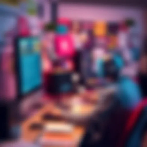 A person working on a computer, creating innovative ad copy with an AI program, surrounded by colorful marketing materials and creative ideas.