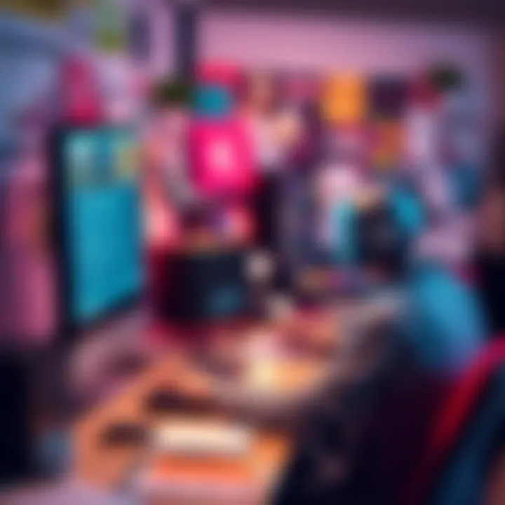 A person working on a computer, creating innovative ad copy with an AI program, surrounded by colorful marketing materials and creative ideas.