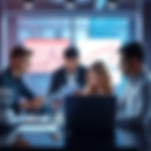 A small business team discussing AI integration around a table with charts and laptops, looking concerned