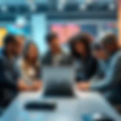A group of diverse people discussing around a table with a laptop, showcasing the topic of artificial intelligence and its growth.