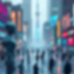A futuristic scene showcasing robots and advanced technology interacting with people in a vibrant city setting