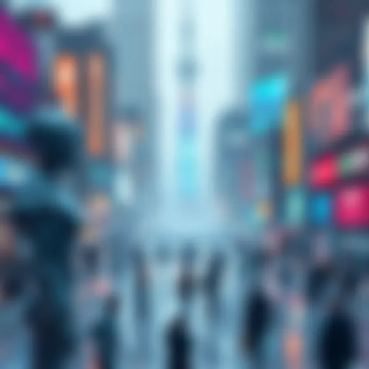 A futuristic scene showcasing robots and advanced technology interacting with people in a vibrant city setting
