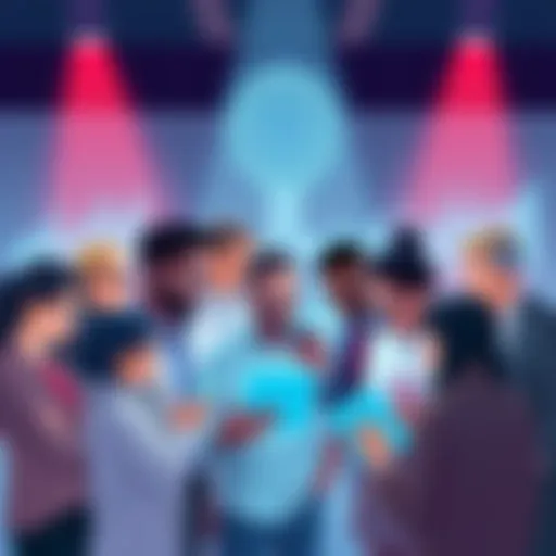 A group of diverse people discussing advancements in artificial intelligence, with technology devices in hand and graphs showing growth in the background.