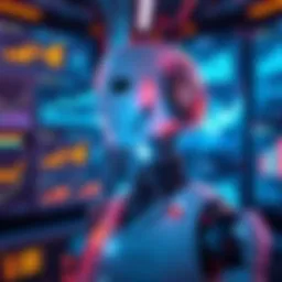 A futuristic robot surrounded by digital screens displaying graphs and data, representing AI growth and development.