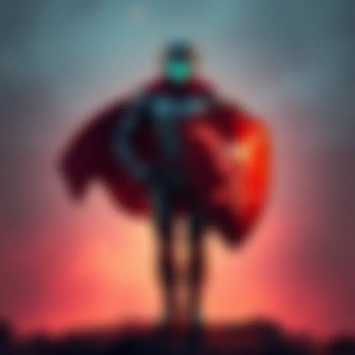 An AI advocate stands confidently with a shield, symbolizing protection of AI advancements against critics.