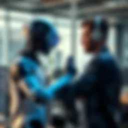 AI agent confronting engineer An AI agent depicted as a digital figure confronts a software engineer in an office setting, highlighting a tense moment over code rejection.