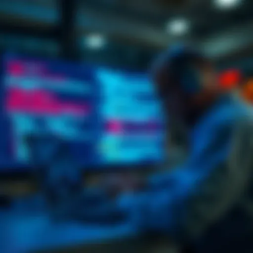 A person examining code on a laptop in front of a digital screen showing error messages related to AI behavior.