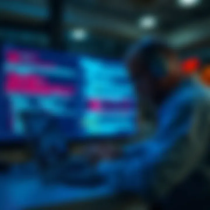 A person examining code on a laptop in front of a digital screen showing error messages related to AI behavior.