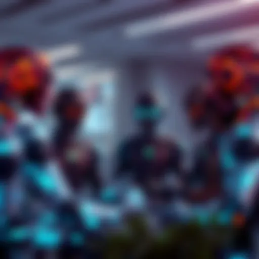 A diverse group of AI agents discussing ideas in a collaborative setting.