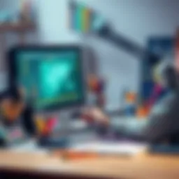A person using a computer with an AI agent on the screen, surrounded by art supplies and tools, showcasing creativity and productivity.