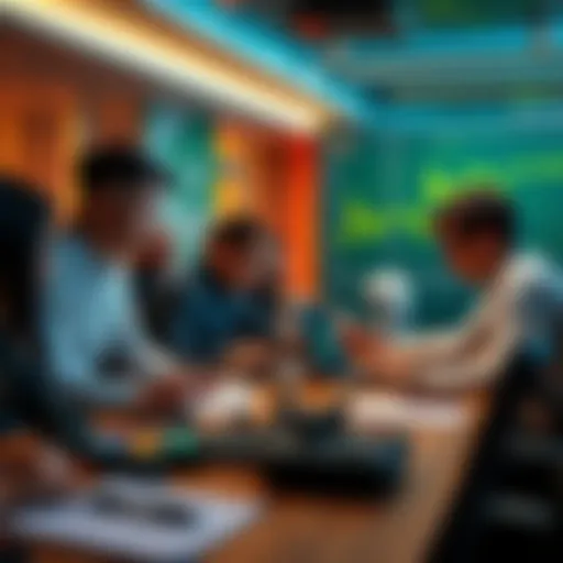 A group of people discussing strategies for earning money using AI agents at a table with laptops and notes