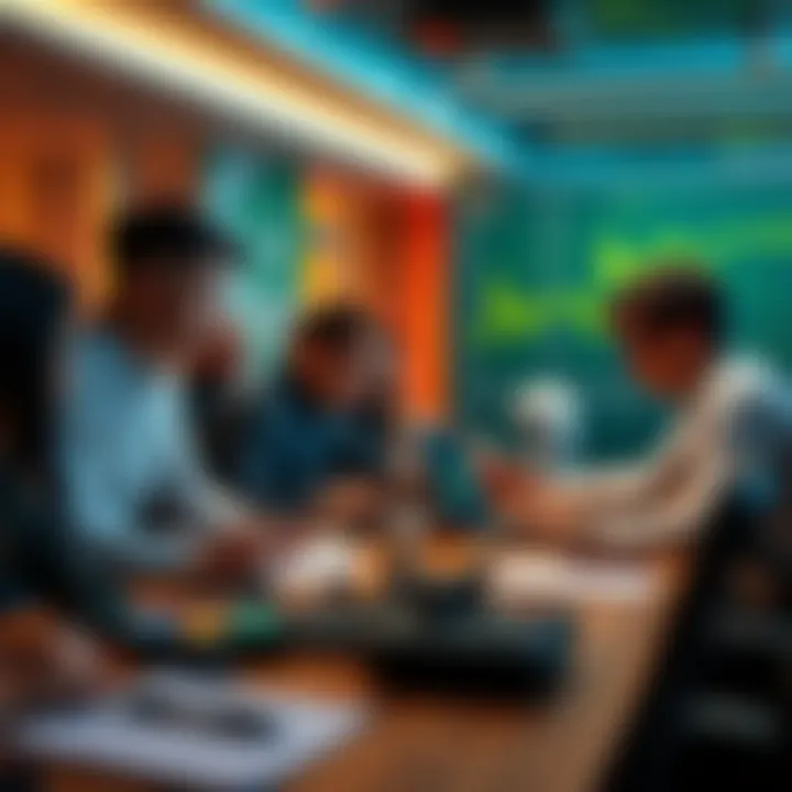 A group of people discussing strategies for earning money using AI agents at a table with laptops and notes