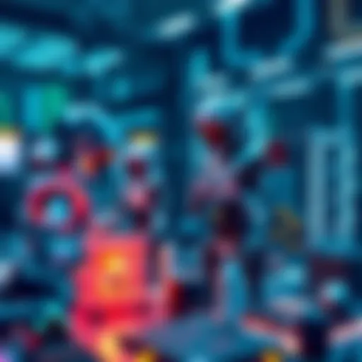 Several AI agents working together in a digital environment, with some exploring and others constructing, showing their specialization without communication.