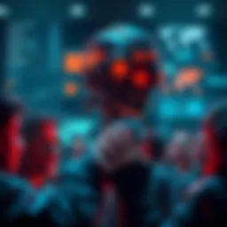 A depiction of an AI system reviewing data on genocide, with visuals of charts and maps highlighting human rights violations, surrounded by concerned faces representing public scrutiny.