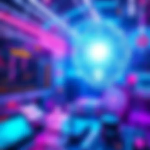 A futuristic scene showing advanced AI technology generating innovative ideas, with bright lights and digital interfaces